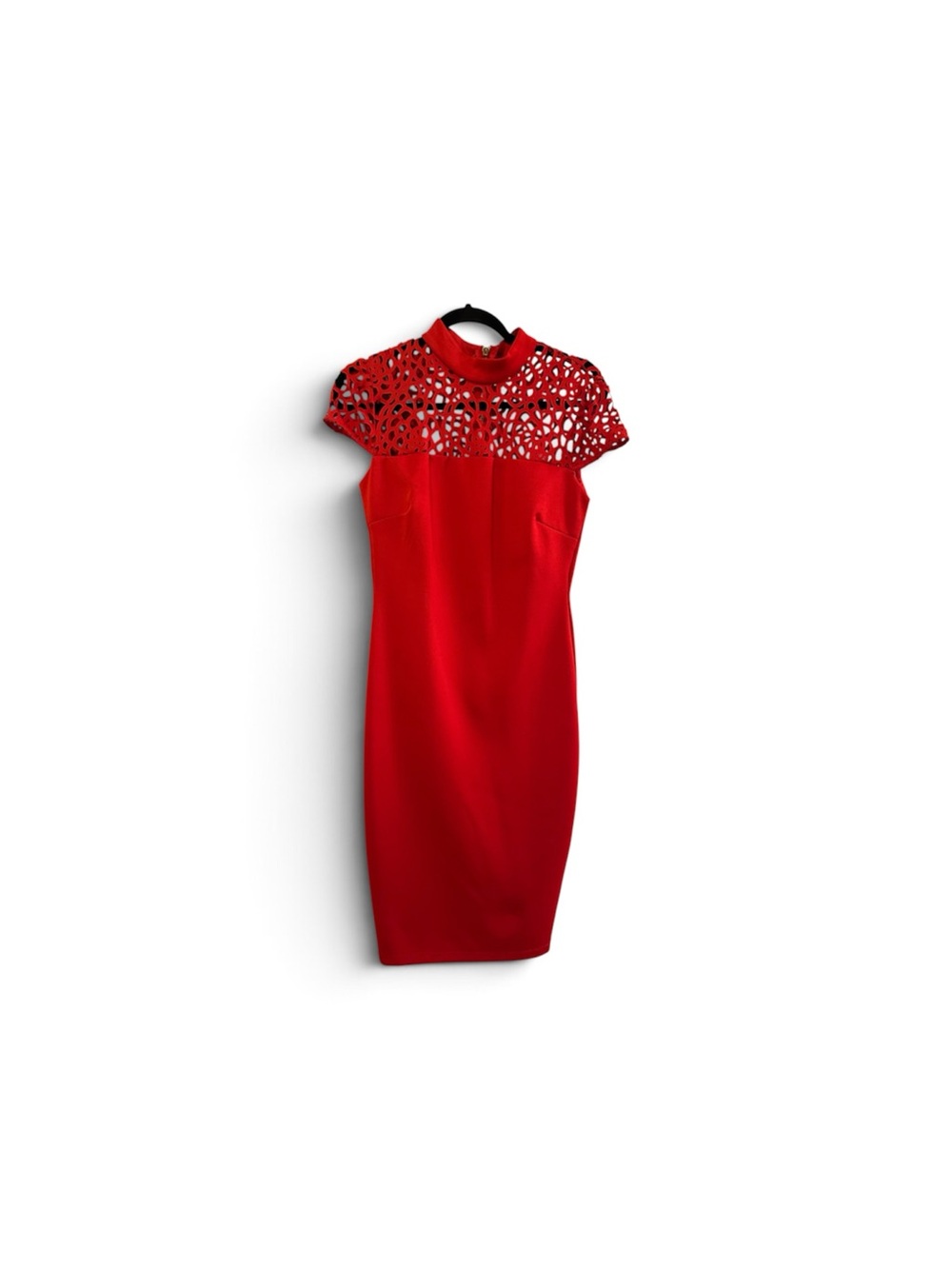 Rebecca Beeson Red Laser-Cut Yoke Midi Sheath Dress